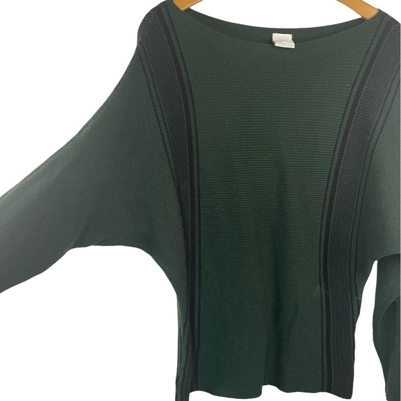 Northern Angel cotton blend asymmetrical sweater. Dark green with black stripes. - Picture 1 of 5